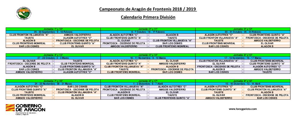 CALENDARIO PRIMERA 2018-19 CTO ARAGÓN CLUBES FRONTENIS – Federación Aragonesa de Pelota