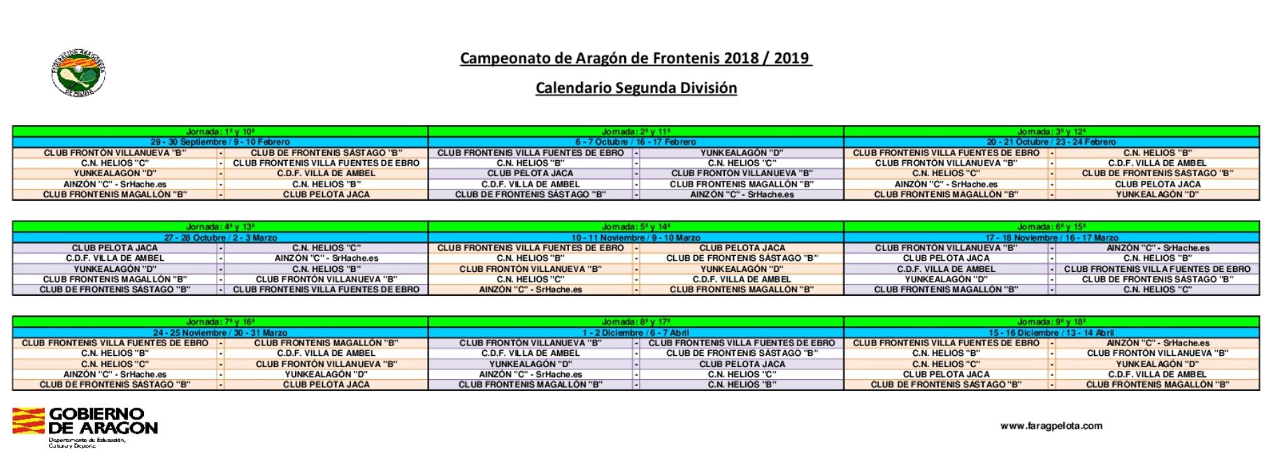 CALENDARIO SEGUNDA DIVISIÓN 2018-19 CTO ARAGÓN CLUBES FRONTENIS – Federación de Pelota