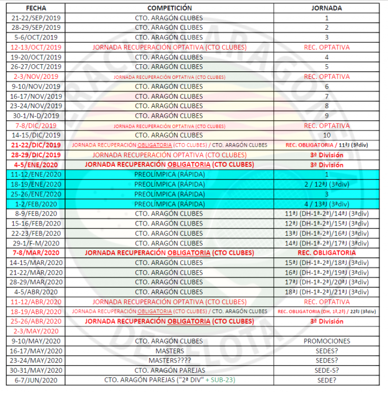 Calendario Liga Frontenis Lenta – Federación Aragonesa de